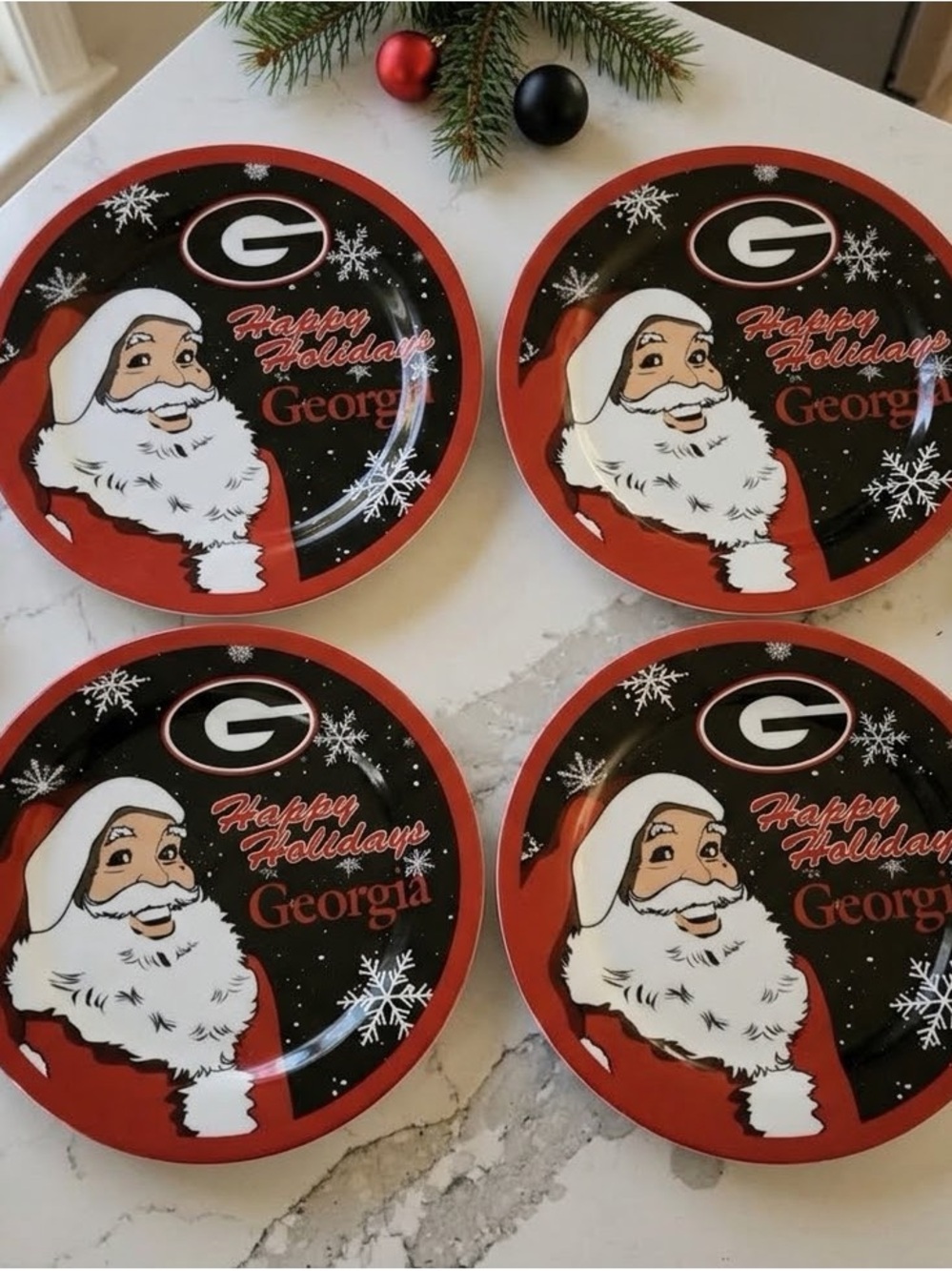 4 Georgia Happy Holidays Santa Christmas Plates Snowflakes Red & Black